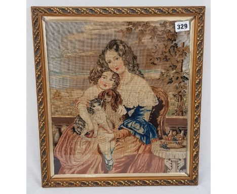 Baroque Framed TAPESTRY.  Mother/Daughter/dog and cat.  46 x 50 cm.  Late 19th / Early 20th Century. 