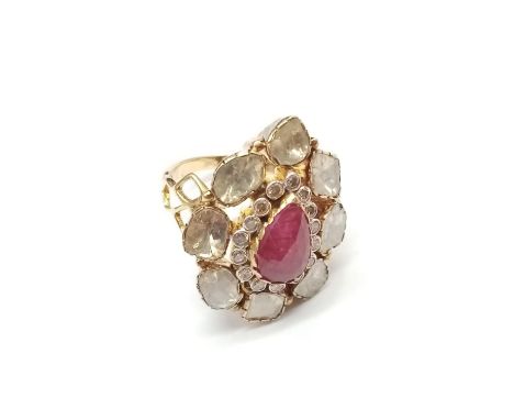 Antique Yellow Gold RING with a pear-shaped Ruby centre surrounded by Rose cut Diamonds.   (Approx over 3 ct of Diamonds)   6