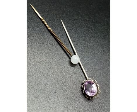 2 x Vintage Silver STICK PINS .  One with Amethyst.  2.19g    5.5cm long 