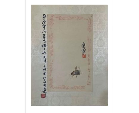 Grasshopper: Ji Ping Tang (Qi Baishi's former residence) floral patterned stationary: Chinese ink and watercolour on paper sc