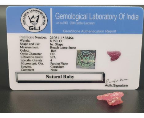 8.25 Cts Natural Ruby. Rough Stone. GLI certified 