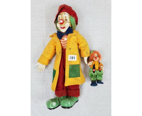 A Pair of Vintage German Clown Dolls, In need of some restoration work. Big Clown - 45cm. Small Clown - 15cm 
