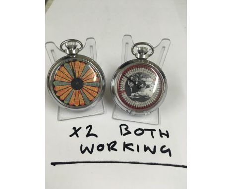 Vintage gaming Horse Racing POCKET WATCHES.  X2 both working, when wound the mechanical arm spins around landing randomly on 