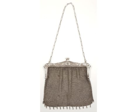 A Vintage, possibly Antique Silver Plated Evening Clutch Bag. The body of the bag is made of a fine mesh and the handles are 