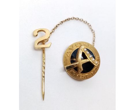 9ct Gold Enamel and Seed Pearl PIN commemorating the highest order from Avon.  4.6g 