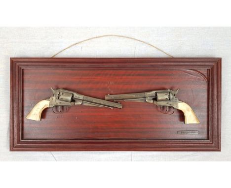 Vintage Dual Pistol Wooden Display of two replica (working models) Remington 1860 44 calibre army pistols. 24 x 11 inches. 