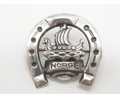 Vintage Norwegian studio silver brooch having a Viking longship and  horseshoe , 3x2.8cm approx. 