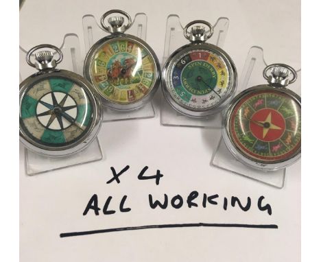 Vintage gaming Horse Racing POCKET WATCHES: all x4 working. When wound the mechanical arm spins around landing randomly on a 