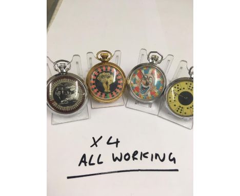 Vintage gaming Horse Racing POCKET WATCHES.  X4 all working, when wound the mechanical arm spins around landing randomly on a