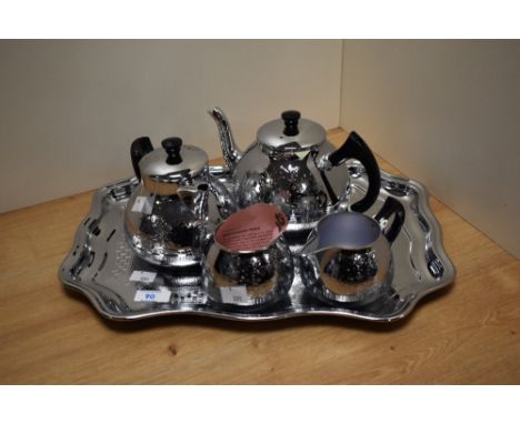 A retro Swan Cromalin plated tea service, to comprise teapot, hot water jug, cream jug, sucrier, and tray