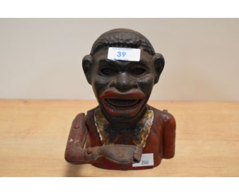 A vintage cast metal jolly gent mechanical money box, lacking base plate.
&nbsp;
Notice from the&nbsp;the-saleroom.com:&nbsp;