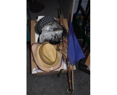 Am assortment of vintage items including ladies feathered hats, gents ska and straw hats, a cream cotton embroidered double b