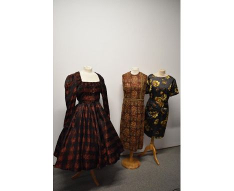 Two 1960s vintage dresses and one 1950s dress, one a maxi dress with sequins and metallic thread detail also included is a fu