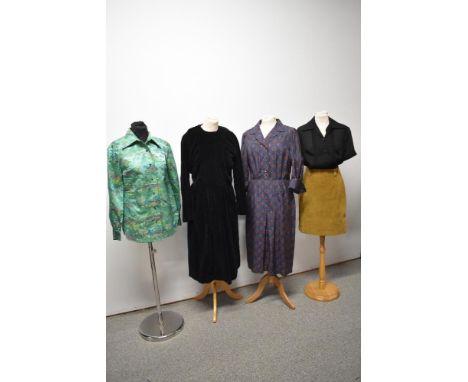 A mixed lot of vintage dresses, blouses and a skirt, varying eras and styles.