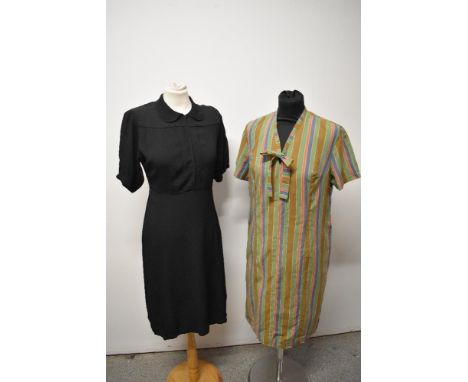 A vintage striped cotton day dress and a 1940s black crepe dress.