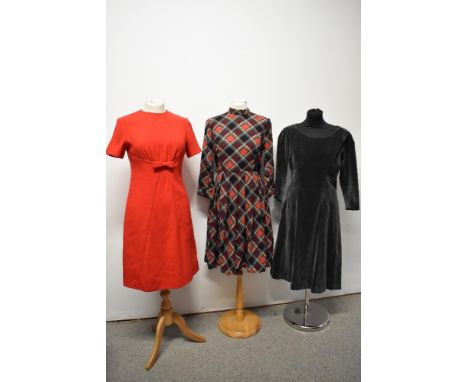 Three vintage dresses, including red, blue, green, blsck and white plaid day dress with pleated skirt, 1960s grey velvet dres