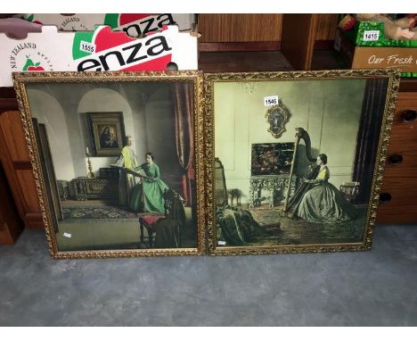 2 pictures after Campbell Taylor of a lady playing harp and 2 ladies making a tapestry