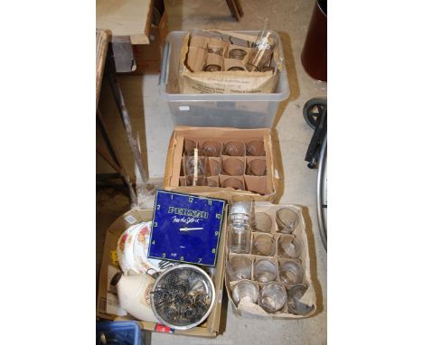A box of plates, flask, a box of pint Timothy Taylor glasses plus another box of glass.