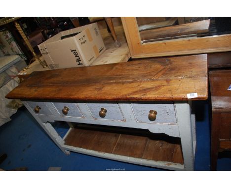A Pine topped Buffet/side table, the painted base having four drawers and a lower shelf, 54" wide x 13 1/2" deep x 32 1/2" hi