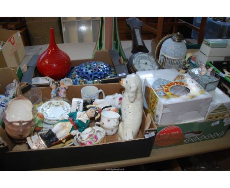 A Barometer, table lamp. china ornament, teapots, etc.