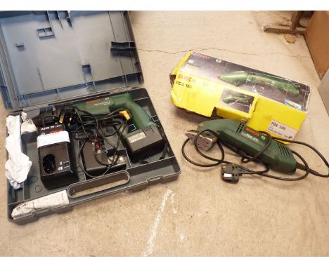 A cased Bosch cordless drill with charger and spare battery 9.6 and a boxed PDA 100 Sander