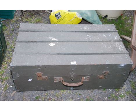 A wooden military style trunk.