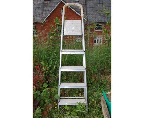 A five rung aluminum step ladder.