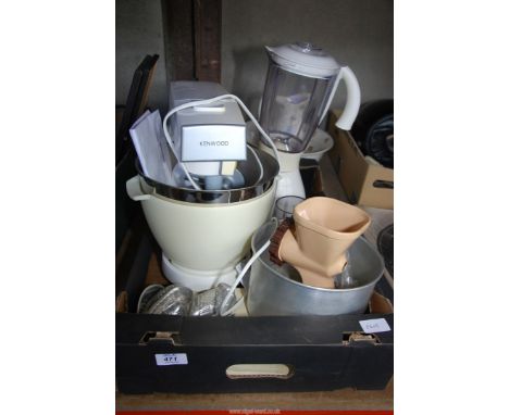 A box of vintage kitchenalia to include Kenwood Chef mixer plus two bowls, beater, whisk and dough hook, Kenwood liquidiser/g