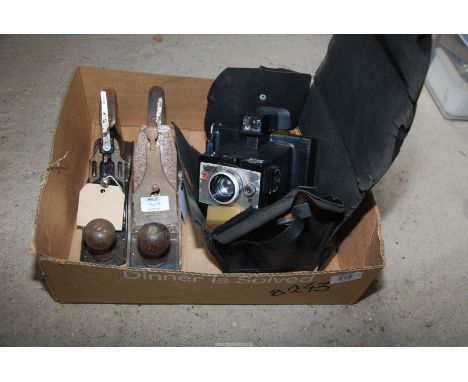 A Polaroid land camera, square shooter, 2 cased and two Stanley wood planes.