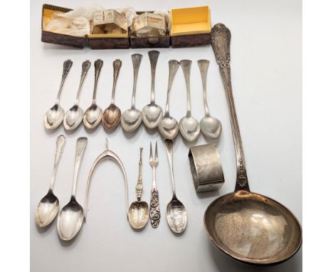 A collection of silver tableware to include a large Continental ladle, total weight approx 480g,