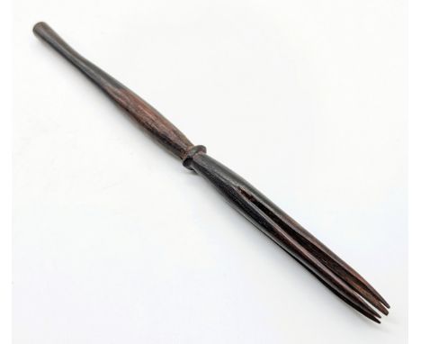 A Fijian Oceanic tribal carved wooden ceremonial or cannibal Fork, L.23.5cm
