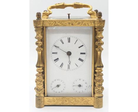 A Le Roy of Paris French repeating calendar alarm carriage clock, principal dial with Roman numerals and outer chapter ring o