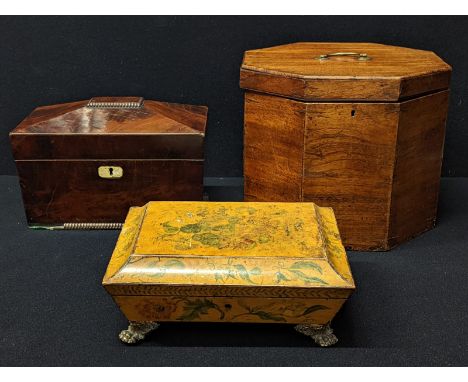 A collection of 19th century boxes to include a mahogany sarcophagus tea caddy, L.30.5cm, a hexagonal box, and a Regency yell