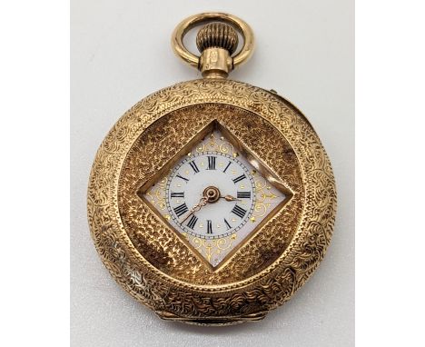 A late 19th century French 14ct gold pocket watch, square shaped scope, Roman numerals with gilt decor, vacant cartouche to b