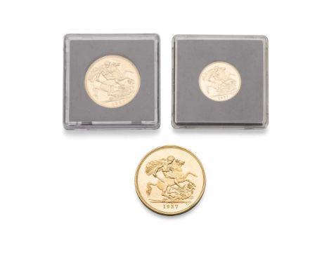 A 1937 gold proof £5, £2, and sovereign each coin mirror finish, plain edge