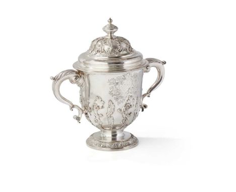 A George I style twin-handled cup and cover  bearing transposed marks for George Wickes, London 1722, to base, cover unmarked