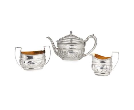 Y A matched George III three-piece tea service Duncan Urquhart & Naphtali Hart, London 1802/1806, comprising teapot with ivor