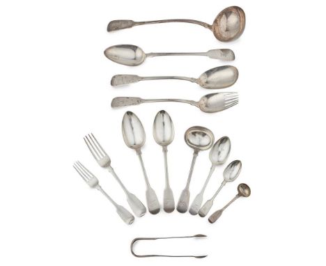 A matched suite of William IV Fiddle pattern flatware mainly William Theobalds, London 1836/7, comprising a soup ladle, a pai