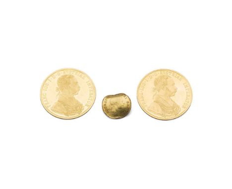 Two 1915 Four Ducat gold coins Austria, mirror finish, together with a 1804 half guinea