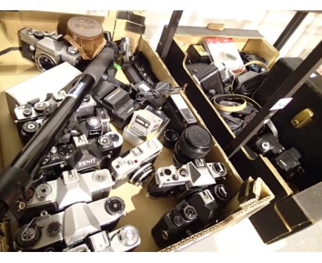 Mixed camera lot to include examples from Pentax Zenit Canon Olympus Rollei and Manfrotto 