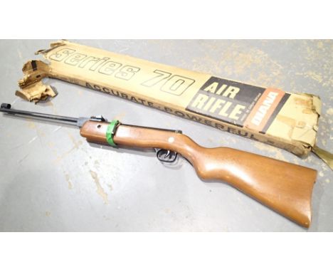 Boxed series 70 model 177 Diana air rifle  CONDITION REPORT: Missing barel holding bolt for the item, Has poor temporary repa