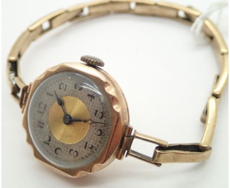 Ladies 9ct gold wristwatch on a yellow metal bracelet  CONDITION REPORT: This item was working at lotting up. Winds and runs 