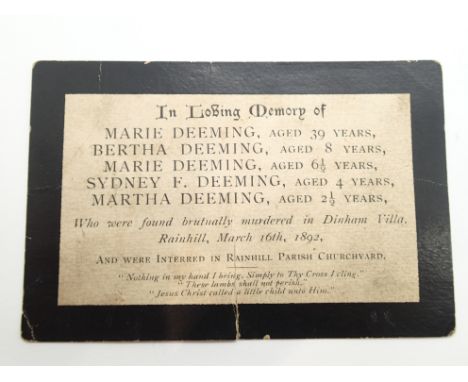 JACK THE RIPPER INTEREST 1892 memorial card for The Deeming Family brutally murdered at Dinham Villa Rainhill March 16 1892.F
