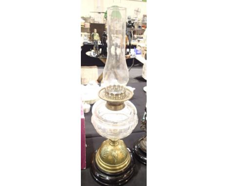 Metal based oil lamp with funnel  CONDITION REPORT: No shade, no apparent damage or repair. 