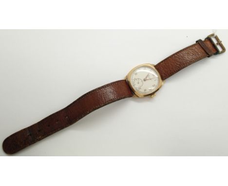 Everite 9ct gold gents wristwatch on leather strap  CONDITION REPORT: This item was working at the time of lotting 