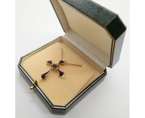 14ct yellow gold cross set with enamel central sapphire and diamonds with pearls on a matching 14ct gold chain 5.7g