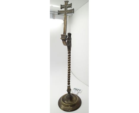 Late 19thC brass rush light with Patriarchal cross and wrythen twist stem
