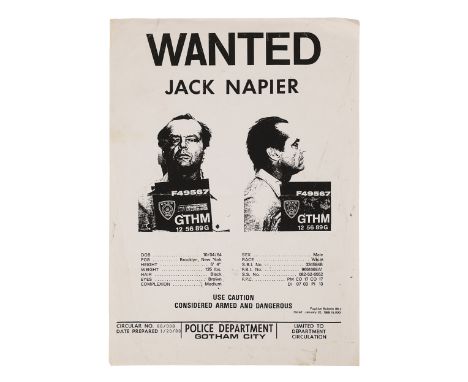 BATMAN (1989) - Jack Napier (Jack Nicholson) Wanted FlyerA Jack Napier (Jack Nicholson) wanted flyer from Tim Burton's superh