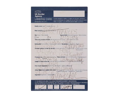 CARRIE FISHER - Carrie Fisher's Landing CardCarrie Fisher's landing card from a trip to the UK in 2011. Fisher, who played ic