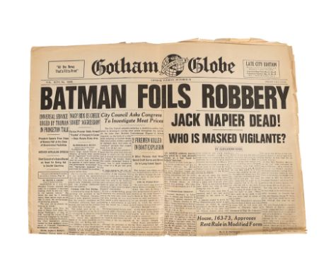 BATMAN (1989) - Gotham Globe "Batman Foils Robbery â€“ Jack Napier Dead" NewspaperA Gotham Globe newspaper from Tim Burton's 